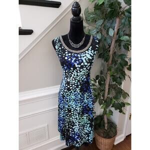 JM Collection Shift Dress Women L Black Abstract Embellished Neckline Sleeveless
